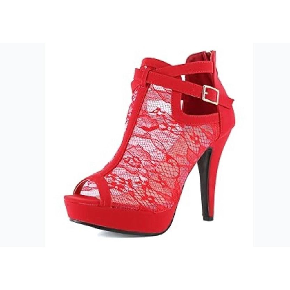 Lov Mark Ankle Boots Booties Women  6.5 Red Lace Peep Toe Buckle Sexy New